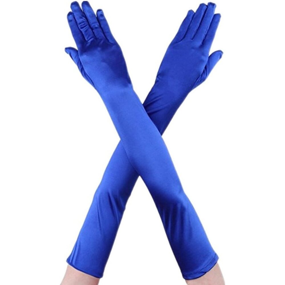 Women's Blue Full Finger Mittens Elbow Spandex Satin Long Sleek Evening Gloves